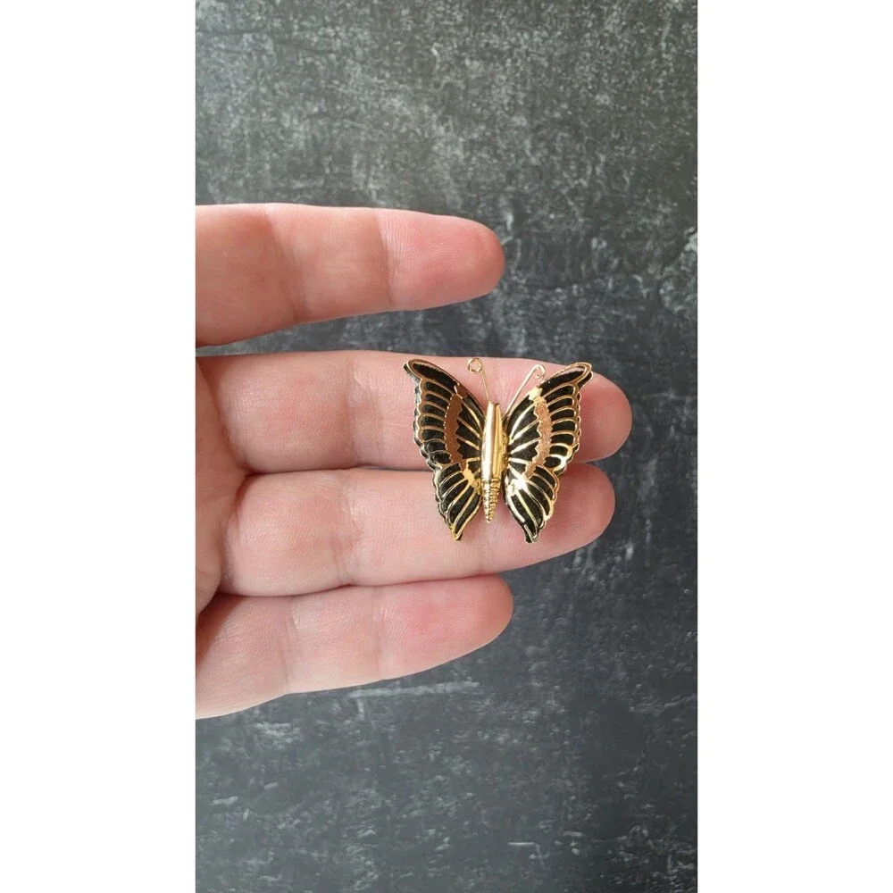 Black And Gold Tone Metal Butterfly Brooch Vintage Costume Jewelry